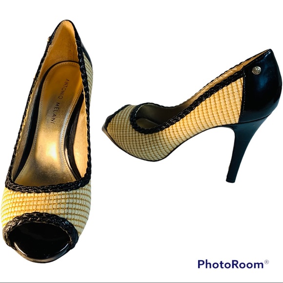 ANTONIO MELANI Shoes - Antonio Melani Elsa Natural/Black Patent High Heels Open Toe Size 7M Women’s